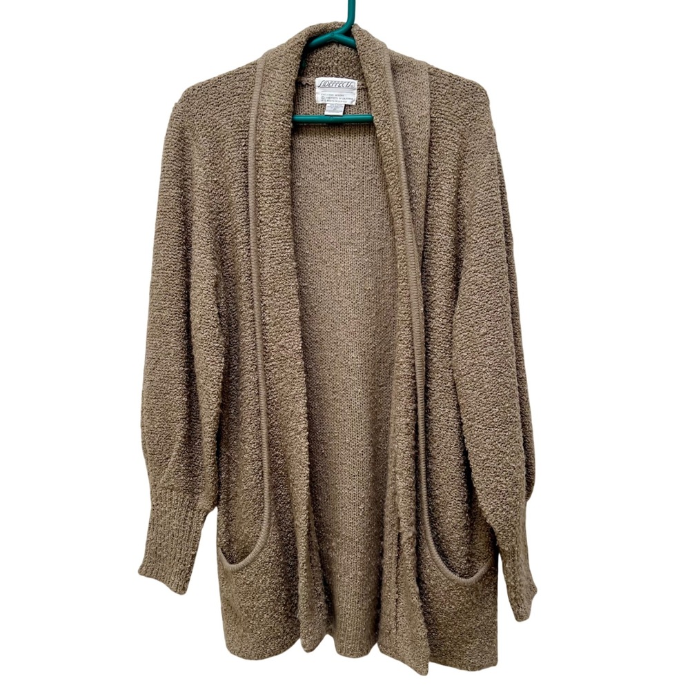 VTG 90s Sideeffects Tan Boucle Knit Cardigan Balloon Sleeve M Granola Neutral